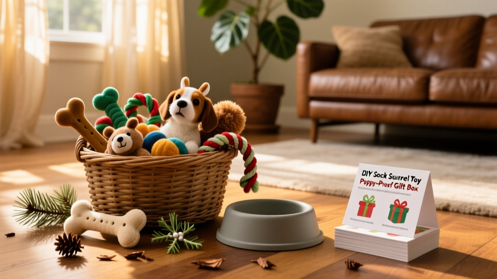 A woven basket overflowing with dog toys, a silicone bowl, and printed activity cards arranged on a sunlit living room floor