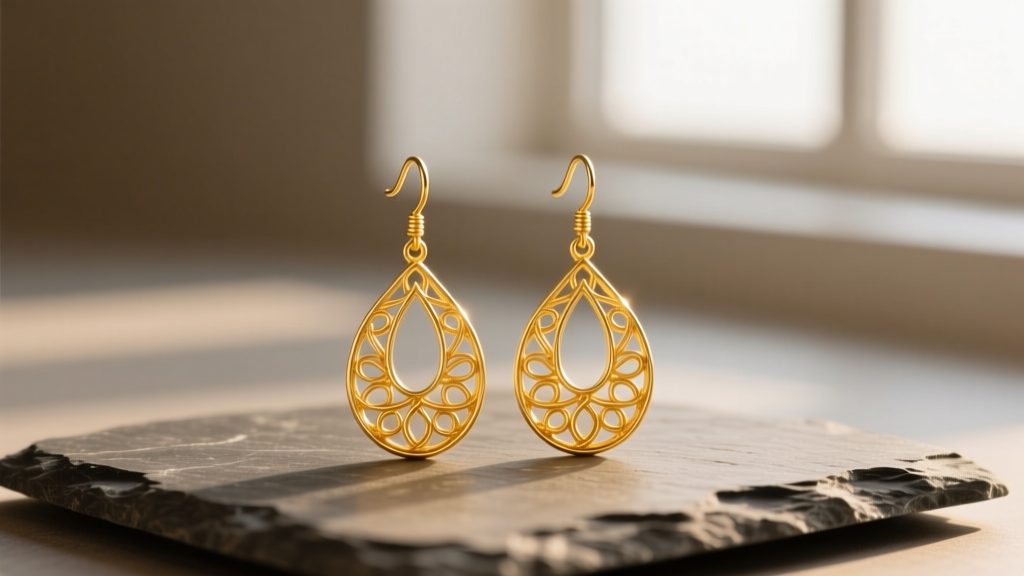 22k yellow gold Turkish filigree drop earrings on slate, showing delicate wirework and warm luster under soft light