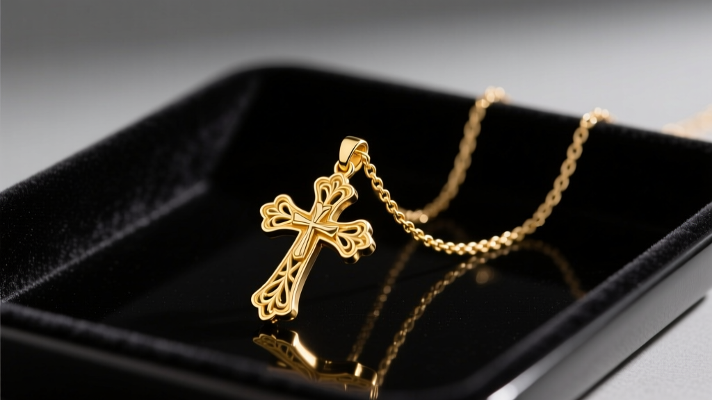 14k yellow gold James Avery cross pendant with a delicate box chain on a dark velvet tray under warm directional lighting
