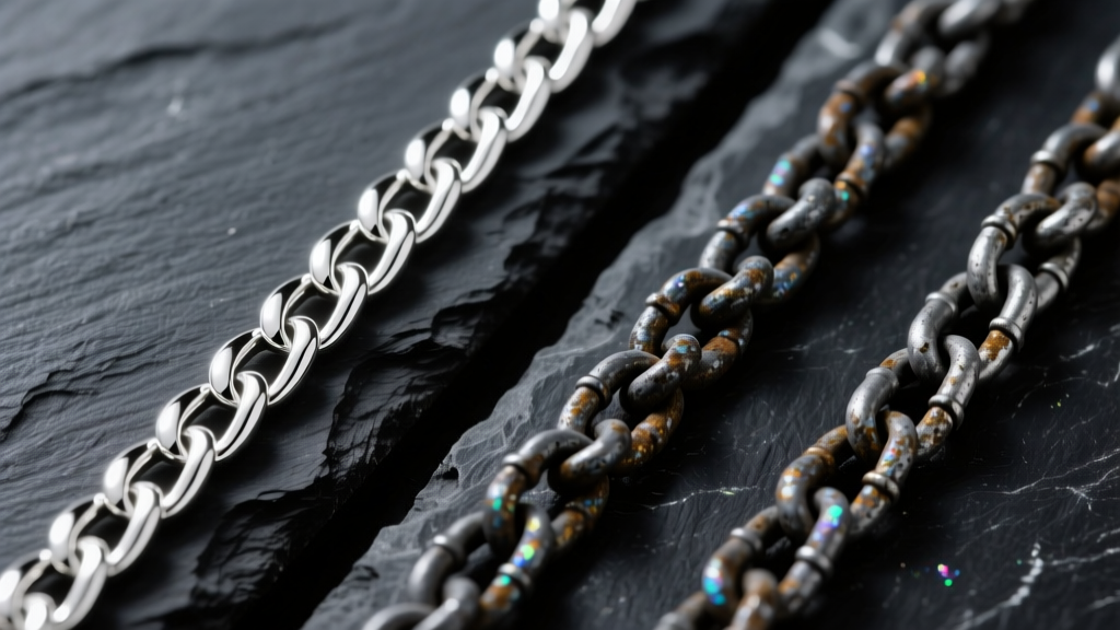Side-by-side view of a bright silver chain and a heavily tarnished dark gray silver chain resting on a textured black slate surface.