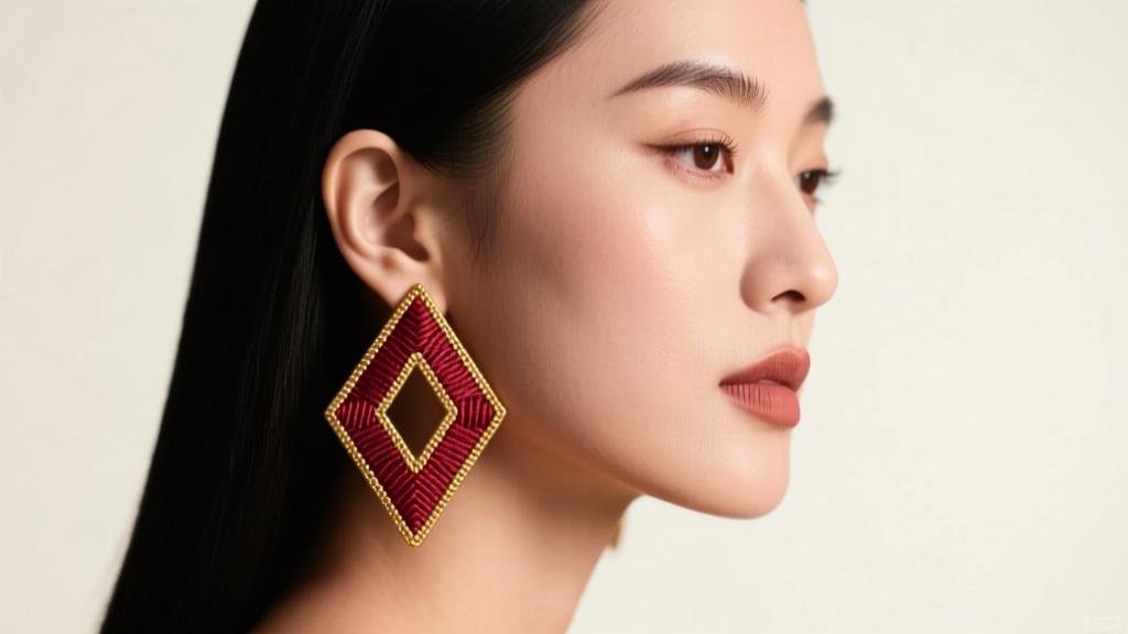 Side profile of a woman wearing long, geometric angular embroidered thread earrings, illuminated by warm, soft studio lighting.