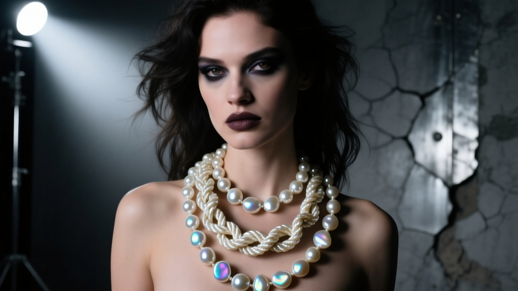 Moody stage-lit portrait of a model wearing a 45-inch knotted baroque freshwater pearl rope necklace with a vintage rock aesthetic