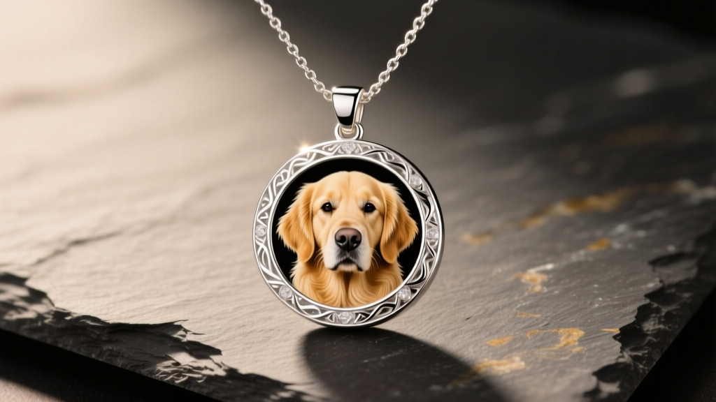 Sterling silver engraved photo necklace on slate showing a crisp laser-etched portrait of a dog under warm studio lighting.