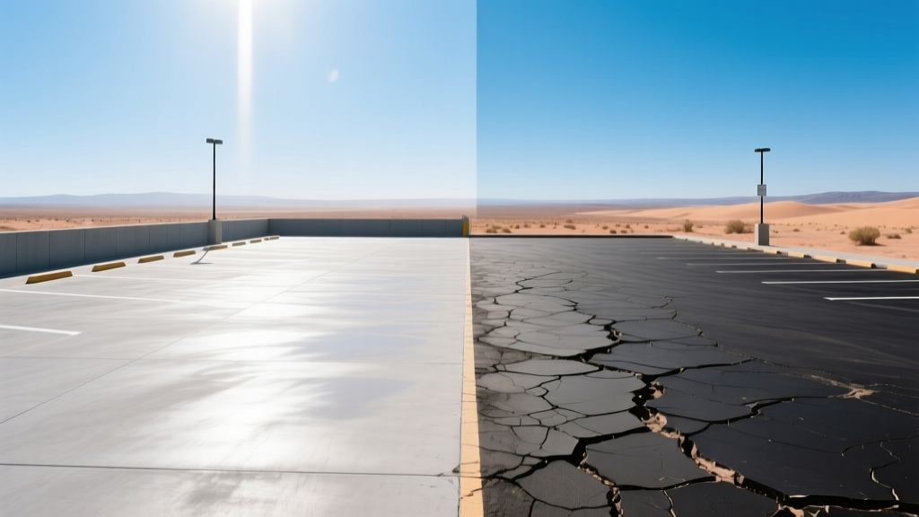 Sun-baked commercial parking lot split showing pristine light-gray concrete and heavily rutted dark asphalt in a bright desert environment.