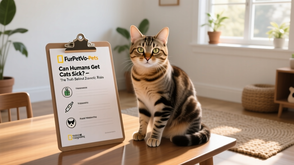 A happy, healthy cat sitting beside a FurPetVo-branded wellness checklist on a clipboard