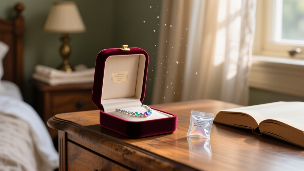 Velvet box holding a mood necklace next to a silica gel packet, placed on a wooden dresser in a dimly lit, cozy bedroom space.