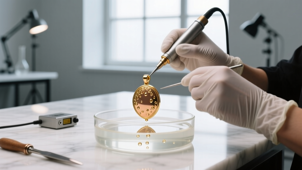 Jeweler applying clear electrophoretic e-coating to a gold-plated copper pendant using a specialized rectifier and chemical bath
