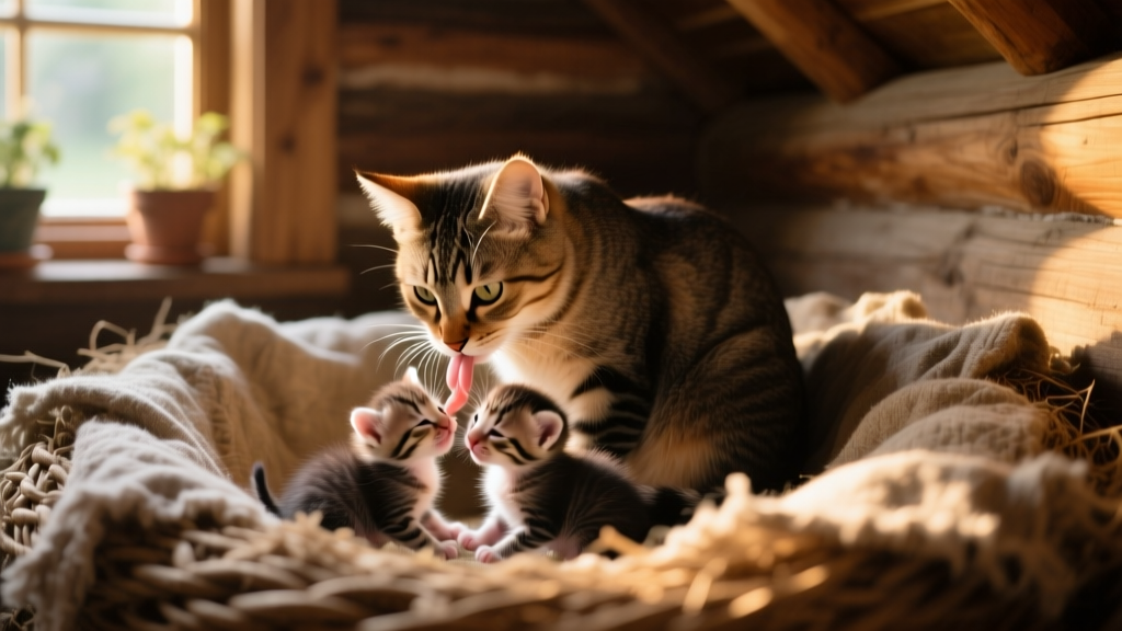 A mother cat gently grooming her newborn kittens in a quiet, cozy nesting area