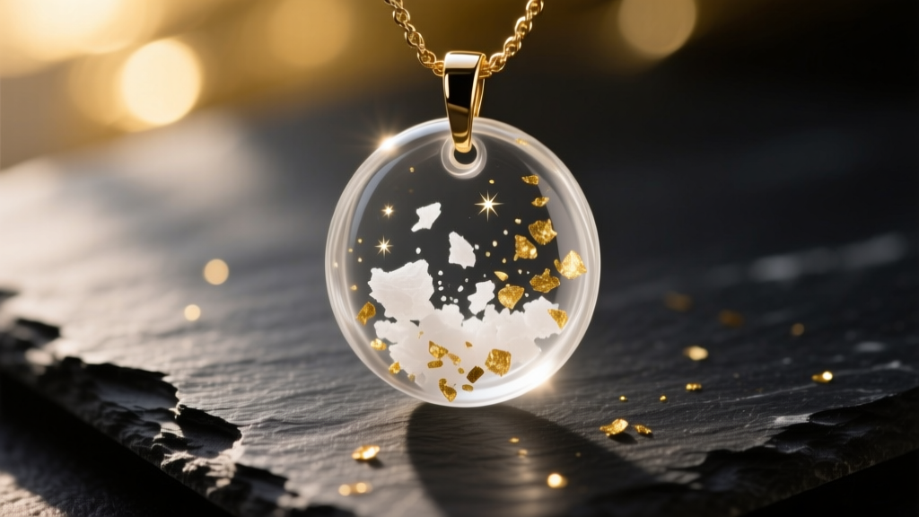 Macro shot of a clear resin pendant with fine white cremation ashes and gold flakes on dark slate under soft warm lighting.