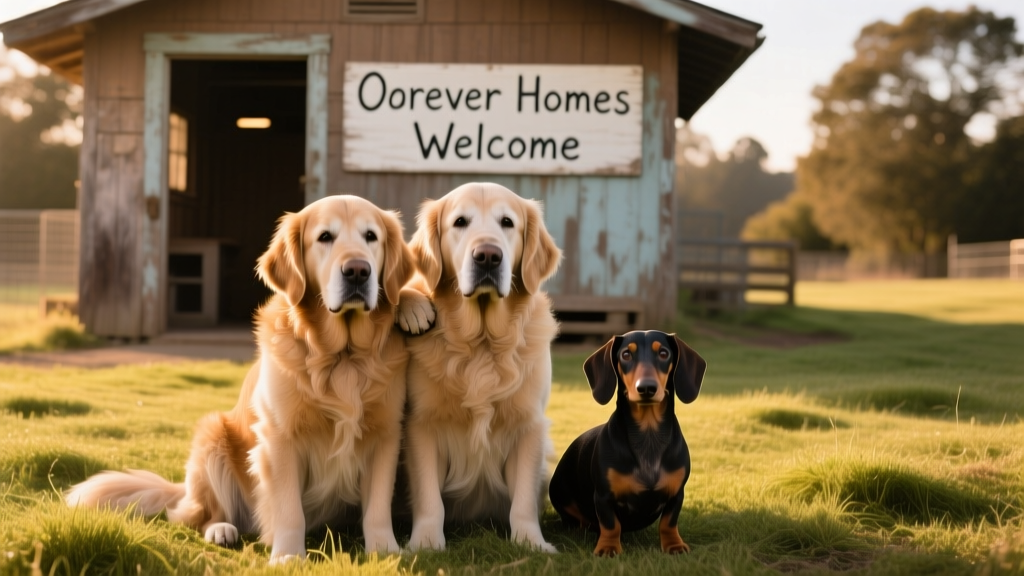 Three senior dogs sitting calmly together on a sunlit grassy area outside an animal shelter