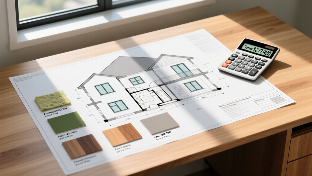 Architectural blueprint of a two-story home overlaid with cost-saving material swatches and a calculator on a wooden desk