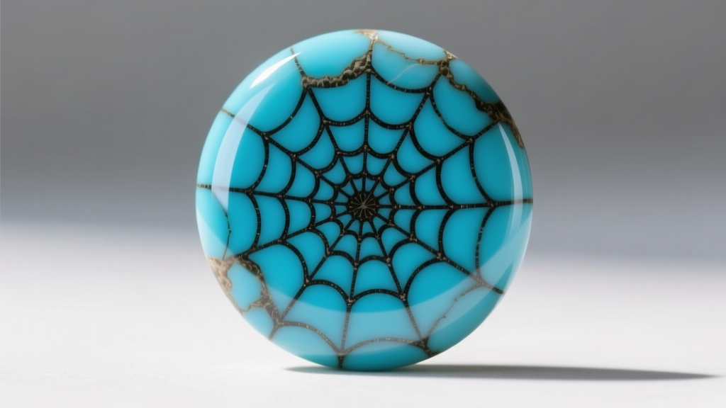 Macro shot of a polished Kingman turquoise disk revealing intricate black spiderweb matrix veining on a bright blue stone surface
