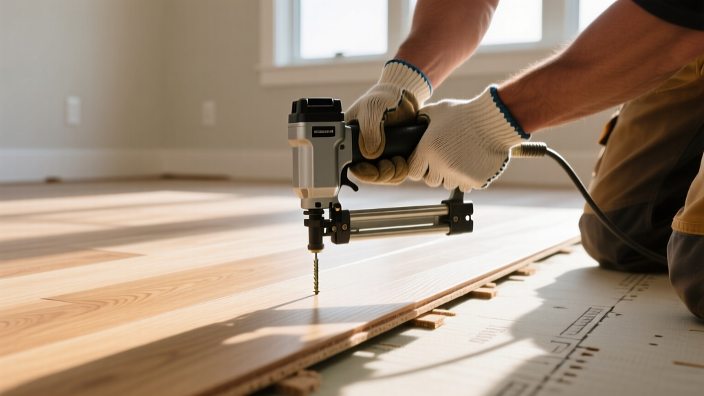 Close-up of a flooring installer using a pneumatic nailer to secure wide-plank white oak hardwood over a plywood subfloor in a sunlit room