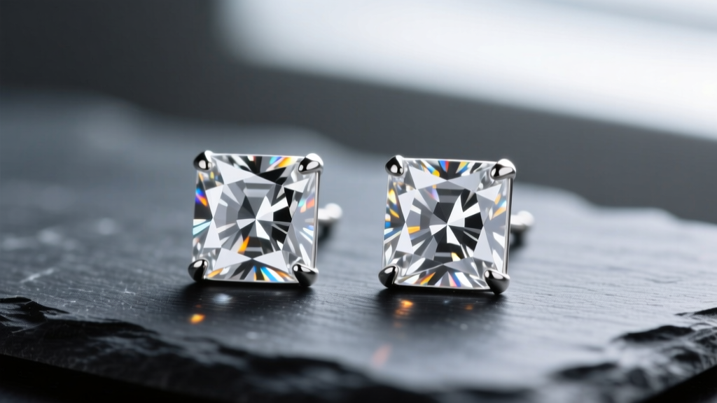 Macro photo of platinum asscher cut diamond stud earrings on dark slate, showing concentric square facets and cropped corners.