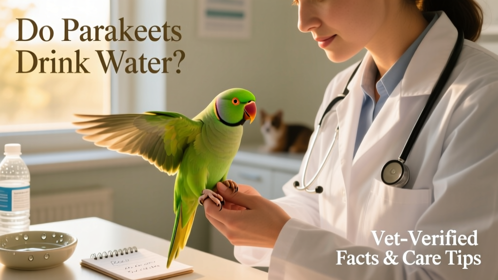 A veterinarian gently examining a parakeet during a routine wellness checkup
