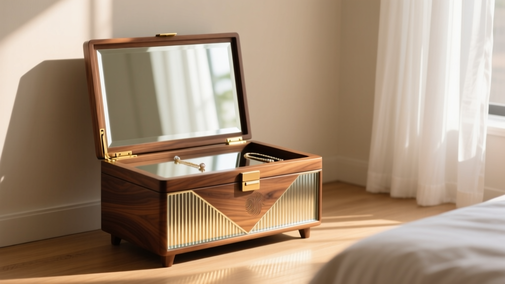 Walnut standing mirror jewelry box in a sunlit bedroom, featuring fluted glass accents, soft shadows, and sleek modern lines.