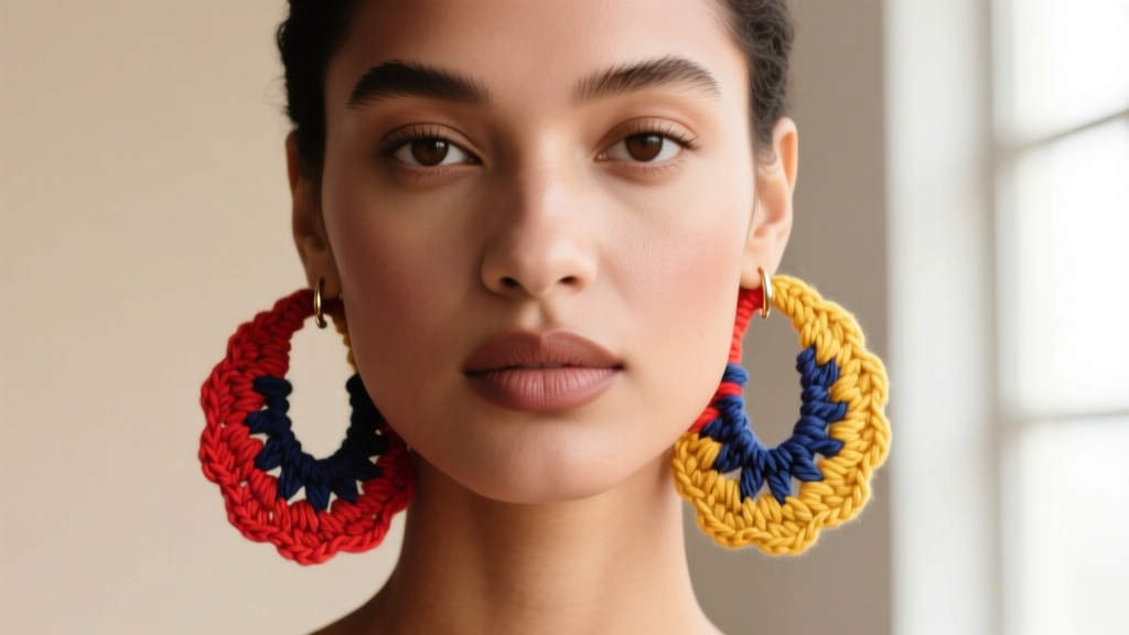 Model wearing vibrant cotton thread crochet hoop earrings, showing lightweight drape and colorful textile texture against bare skin