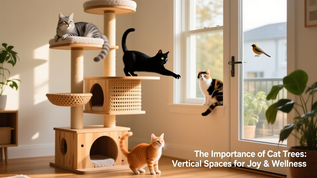 A happy, multi-cat household with cats using different levels of a tall cat tree—some resting, one scratching, another watching birds outside