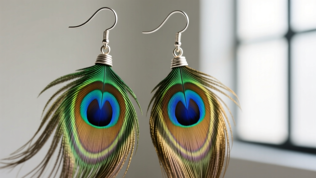 Close-up of Indian feather earrings showing naturally molted peacock plumage bound to 20-gauge sterling silver fishhook wires