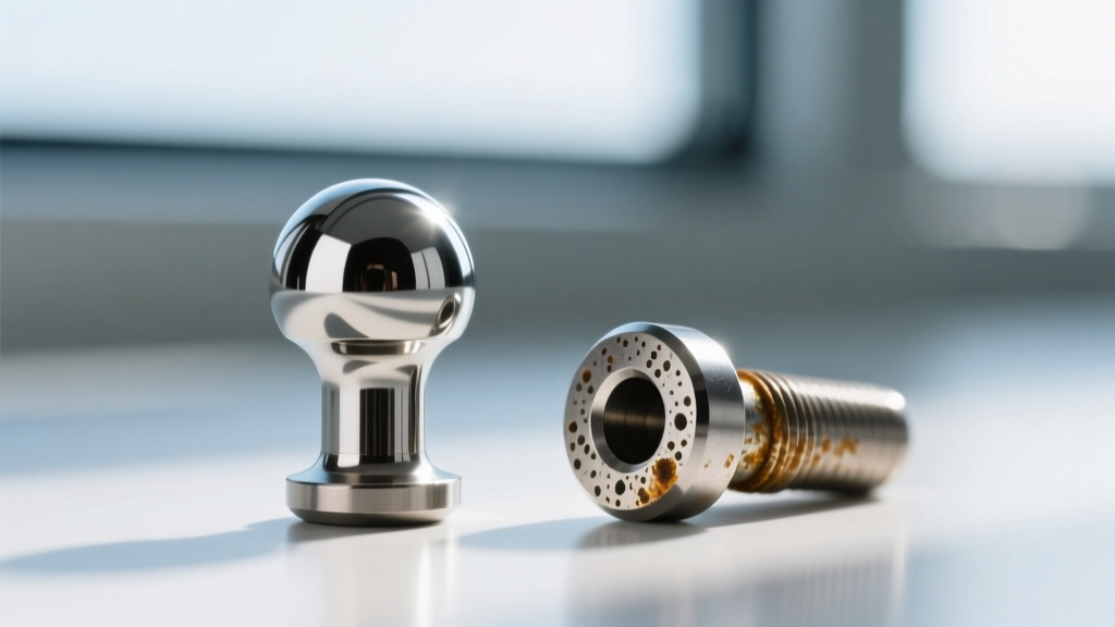 Macro photography comparing a smooth mirror-finish titanium labret post against a micro-pitted surgical steel post showing early corrosion signs