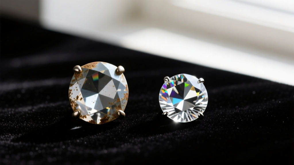 Side-by-side view of a tarnished foil-backed glass rhinestone next to a pristine modern crystal earring component on dark velvet