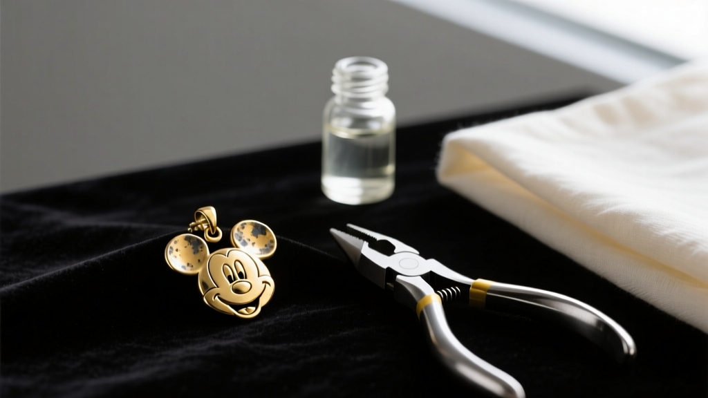 Tarnished gold Mickey pendant on dark velvet beside steel pliers, a soft cloth, and a small bottle of jewelry cleaner.