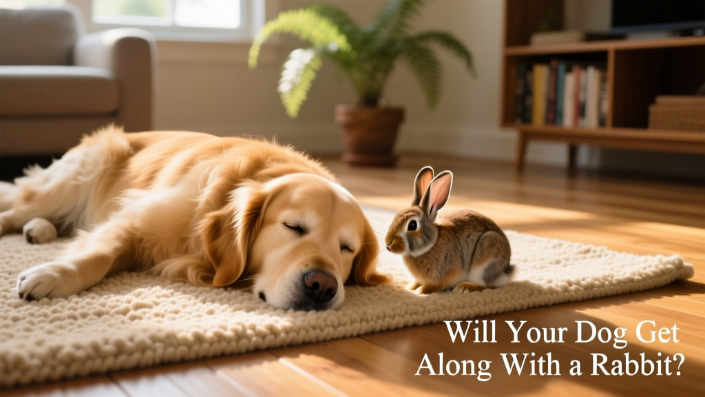 A Golden Retriever lying calmly while a rabbit explores nearby on a rug