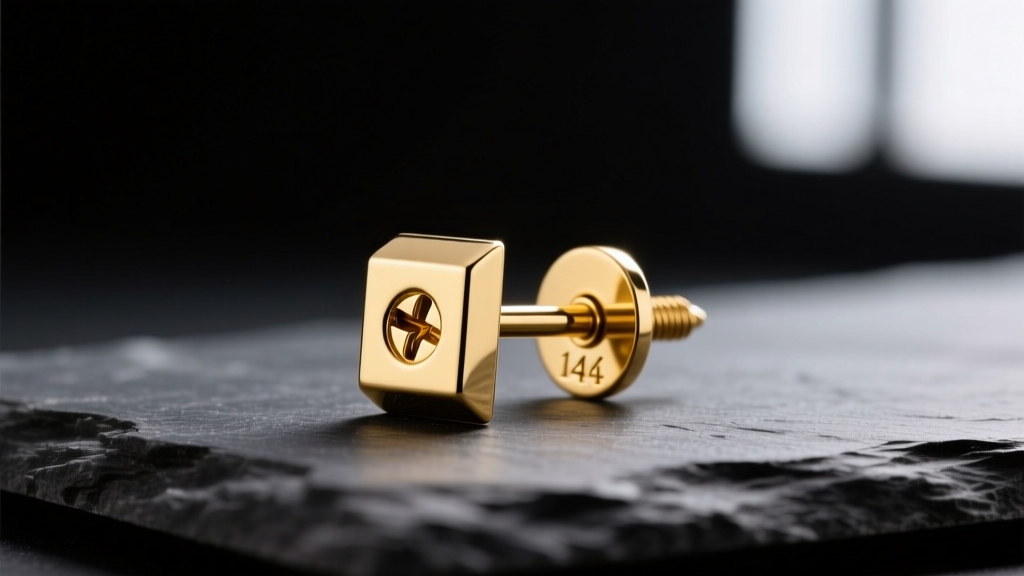 Macro photography of a 14k yellow gold post earring with a secure screw-back mechanism resting on dark slate under soft lighting