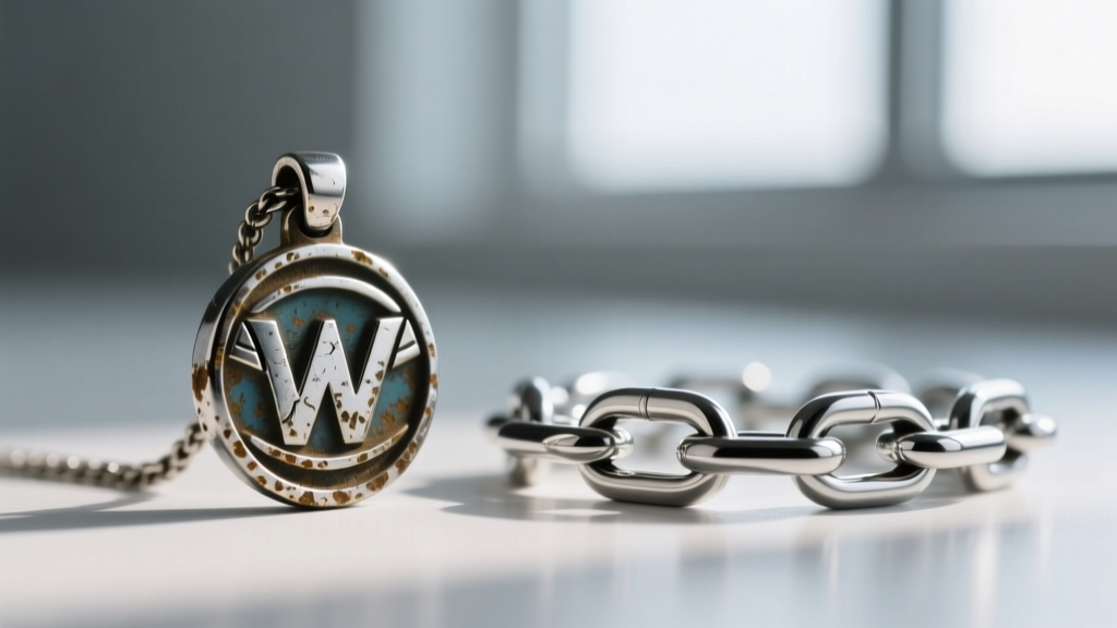 Macro photography comparing a tarnished zinc alloy car emblem pendant next to a bright, scratch-resistant 316L surgical steel chain.