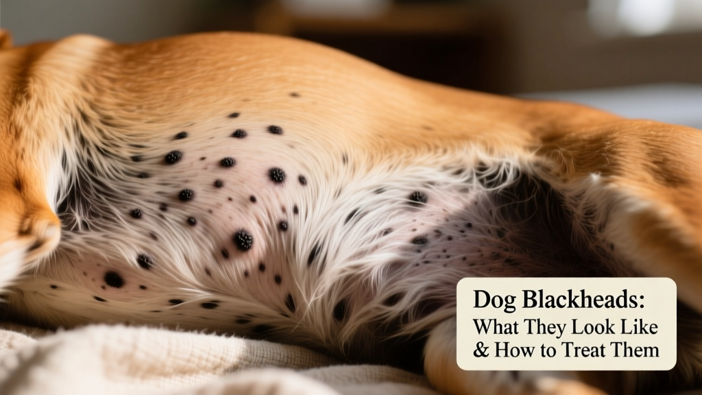 Close-up of canine skin showing small, dark, non-inflamed spots on sparsely haired belly area