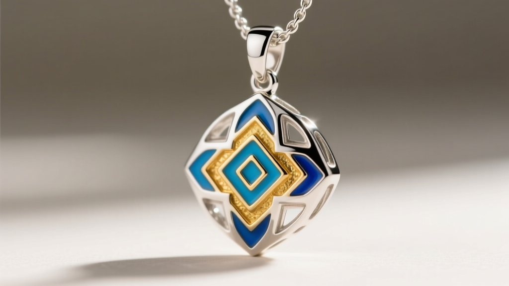 Macro shot of a polished 925 sterling silver anime pendant, highlighting vibrant blue and gold cold enamel fill in deep grooves.