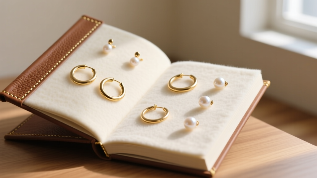 Open handmade leather earring book with anti-tarnish flannel pages displaying delicate gold huggie hoops and pearl stud earrings.