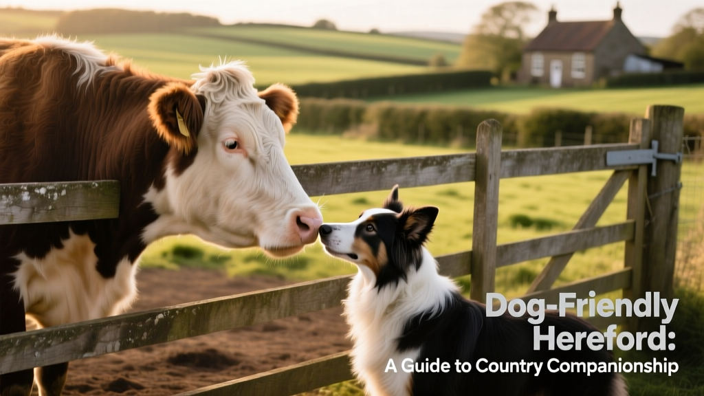 a cow and collie dog sniffing noses through a cattle fence in Hereford