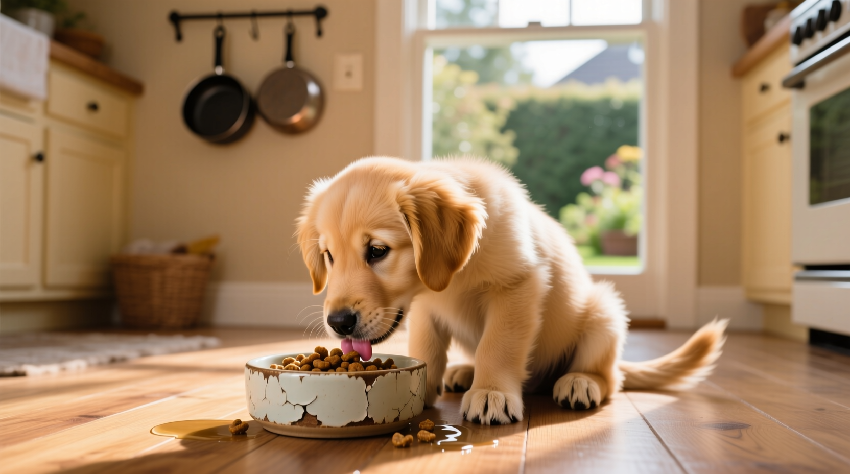 Golden Retriever puppy eating from food bowl