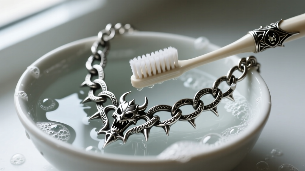 Soft toothbrush gently scrubbing crevices of an antique silver horror chain necklace in a small bowl of soapy water