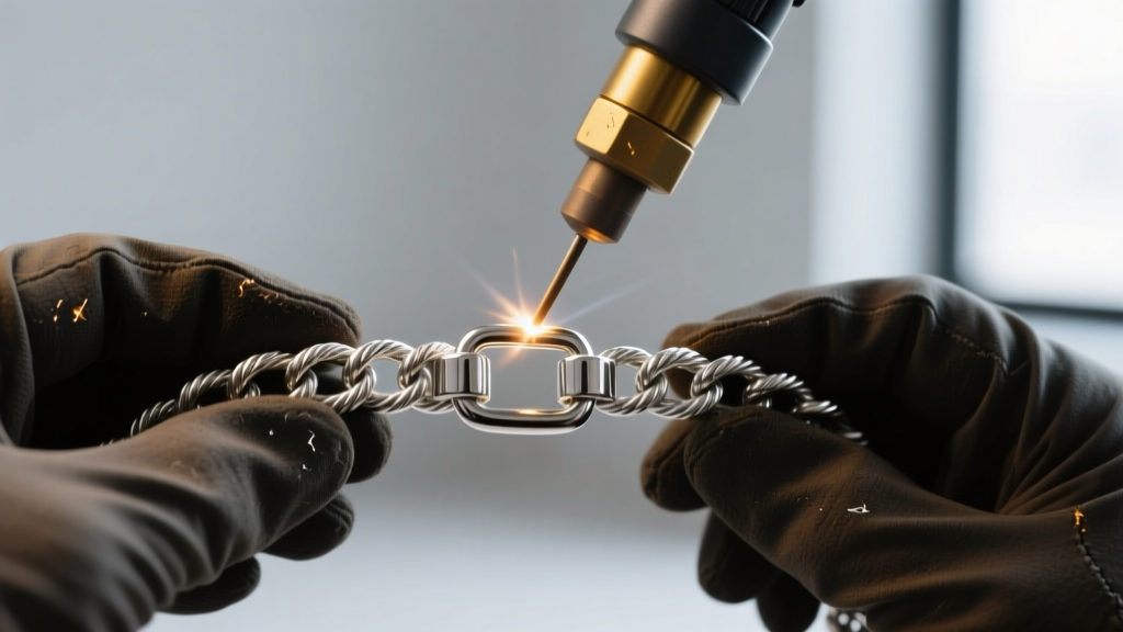 Close up of a jeweler using a laser welder to attach a heavy duty magnetic clasp to a thick 4mm sterling silver rope chain