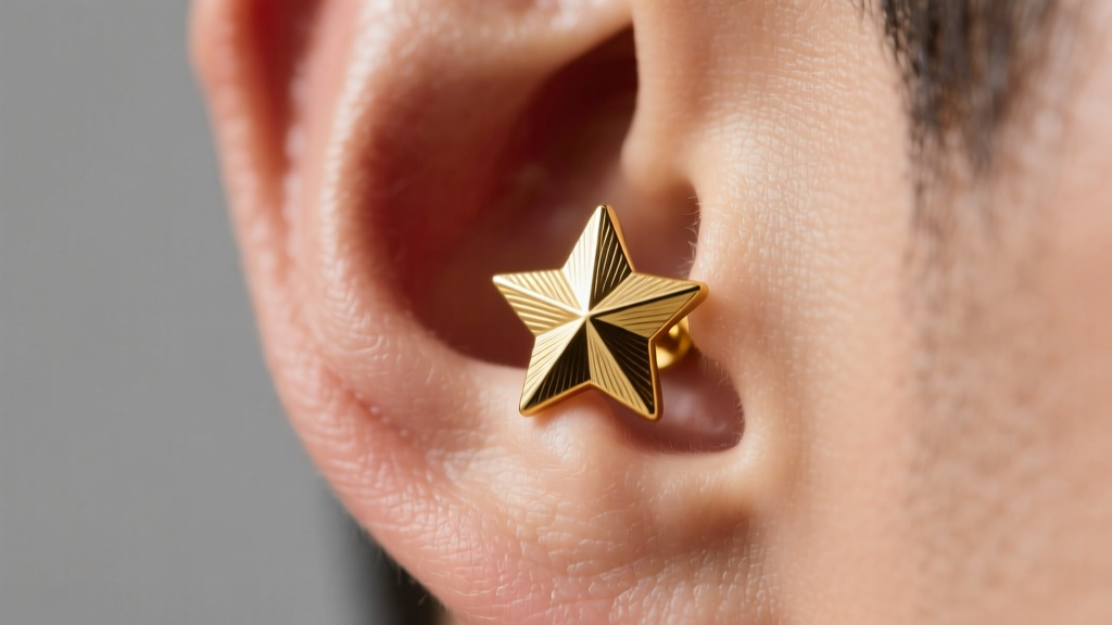 Macro shot of a 14k yellow gold 5mm star stud earring on a male earlobe, studio lighting highlighting the brushed metal texture.