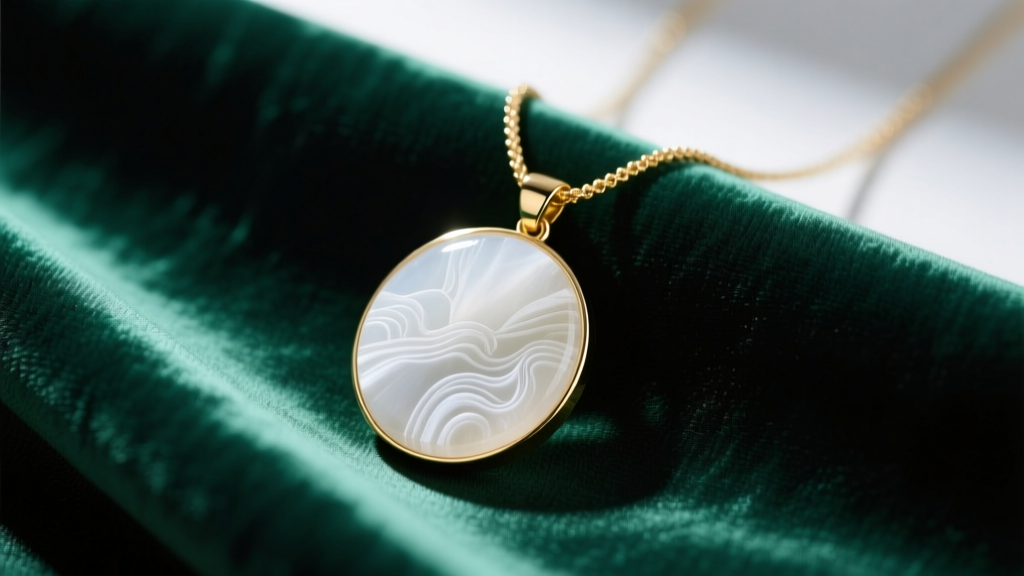 White calcite alabaster necklace pendant in a matte gold bezel resting on dark emerald silk with soft directional studio lighting