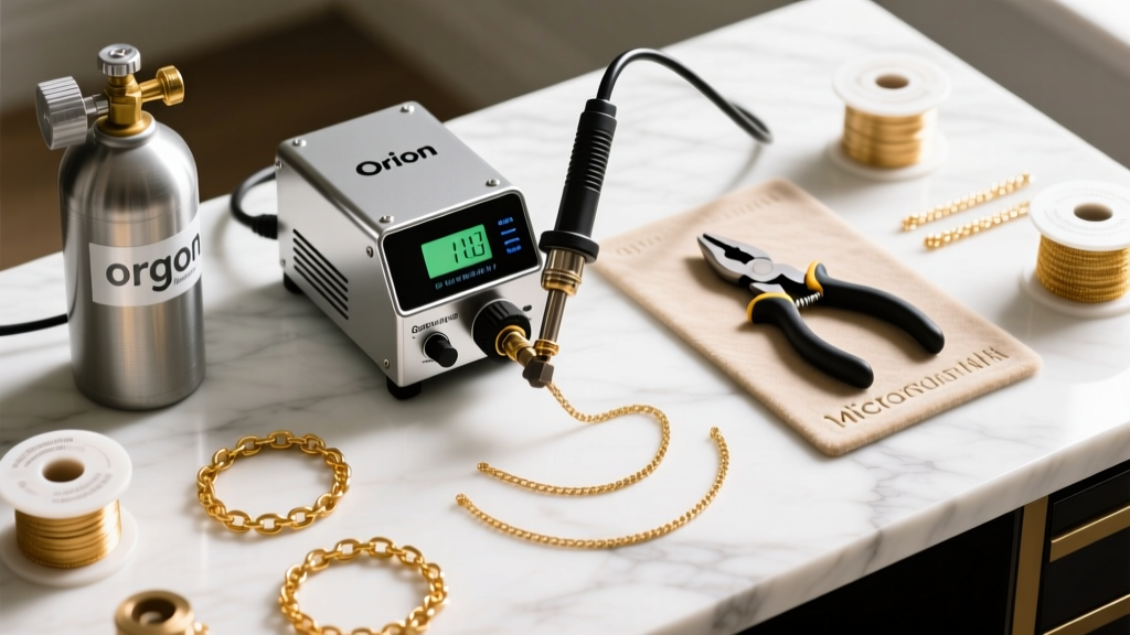Overhead view of a permanent jewelry desk with an Orion welder, argon gas tank, flush cutters, and 14k gold chain spools.