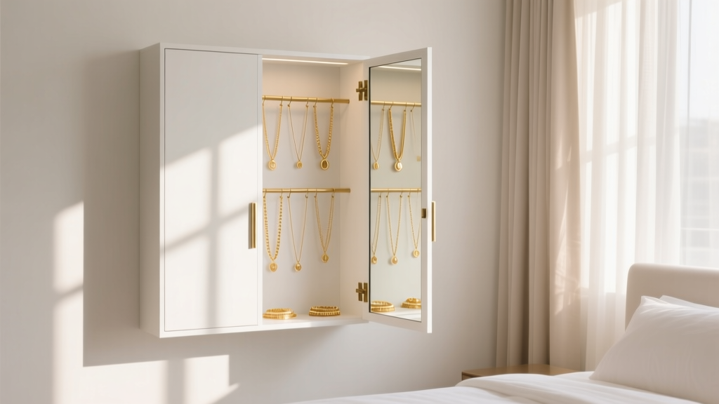 White wall mount jewelry armoire in a bright bedroom, door open showing neatly hung gold necklaces, soft morning daylight