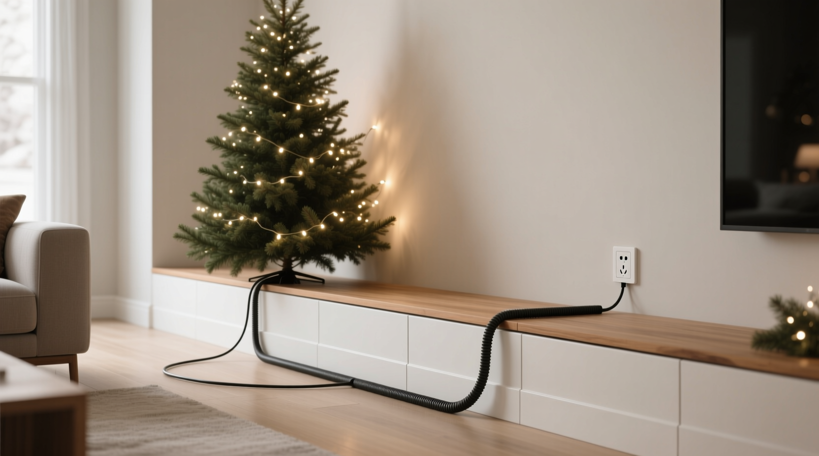 how to hide cords from floor to christmas tree discreetly and safely