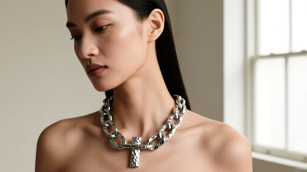 Model wearing a chunky sterling silver paperclip chain with a hammered T-bar toggle clasp at the collarbone, soft lighting
