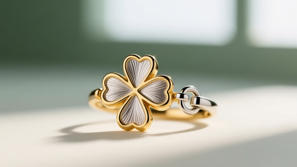 Macro shot of vermeil clover pendant clasp, showing gold edges and a secure lobster clasp against a softly blurred backdrop.