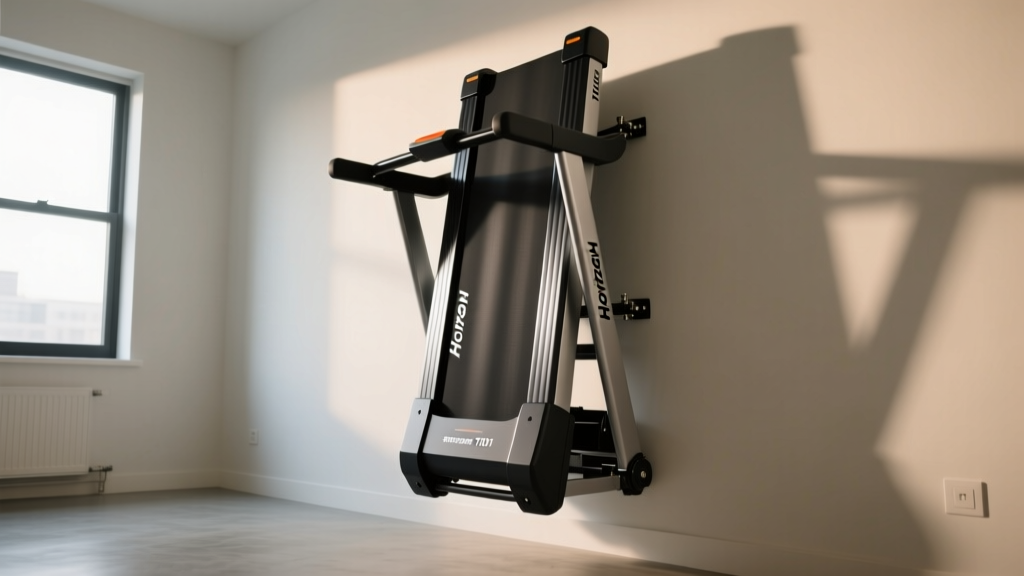 Horizon Fitness T101 treadmill folded against an apartment wall to demonstrate its small-space storage footprint and hydraulic folding mechanism