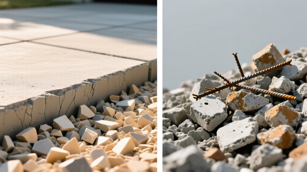 Split-screen showing compacted crushed limestone driveway base on left and recycled crushed concrete aggregate on right