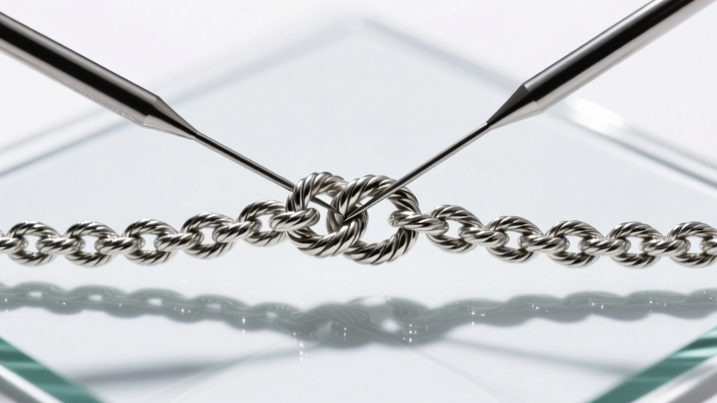 Top-down view of two steel needles prying apart a tight knot in a sterling silver rope chain resting on a clear glass surface.