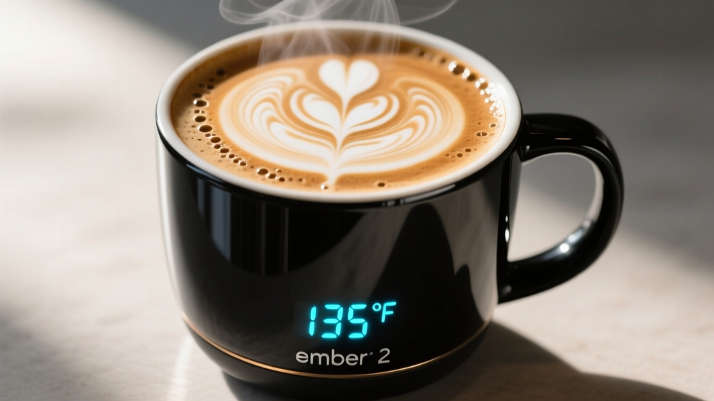 Close-up of pouring latte art into a black Ember Smart Mug 2 with the digital LED temperature display glowing at exactly 135 degrees Fahrenheit