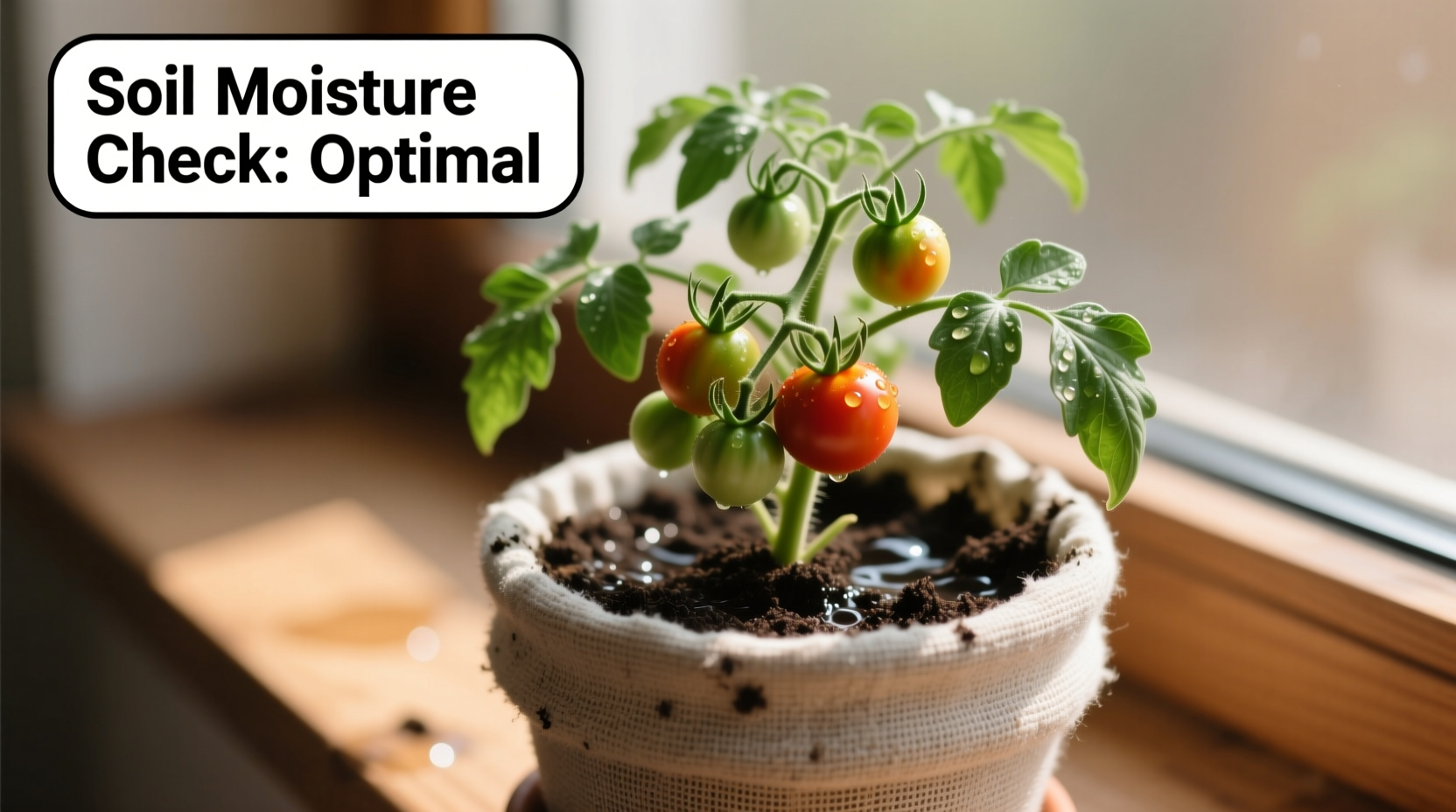 Tomato plant in fabric pot showing proper soil moisture