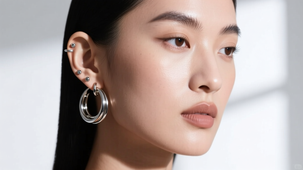 Model wearing titanium hoop earring sets, showcasing 16-gauge cartilage and 18-gauge lobe piercings in natural window light.