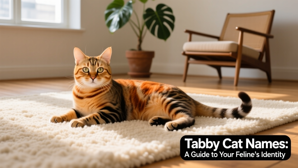 A ginger or golden tabby cat resting peacefully on a soft carpet